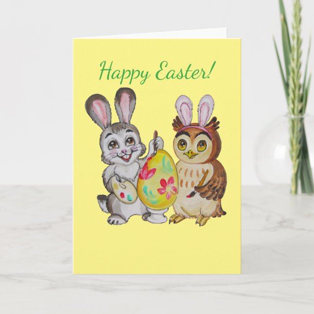 Happy Easter Bunny and Owl painting egg Holiday Card (Front)