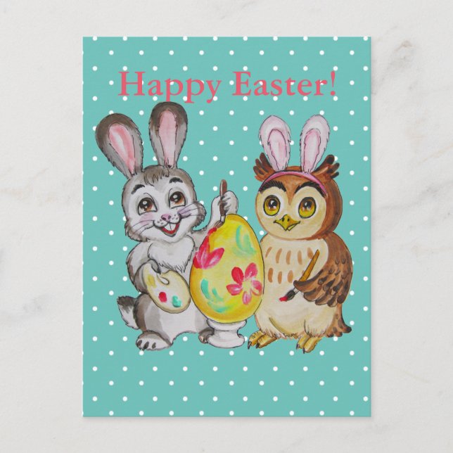 Happy Easter Bunny and Owl painting egg Holiday Postcard (Front)