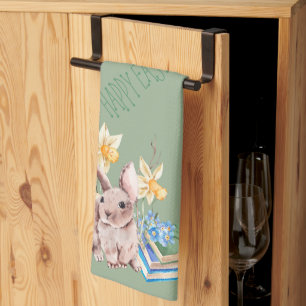 Happy Easter Bunny and Stack of Books Tea Towel