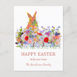 Happy Easter Bunny and Wildflowers Holiday Postcard