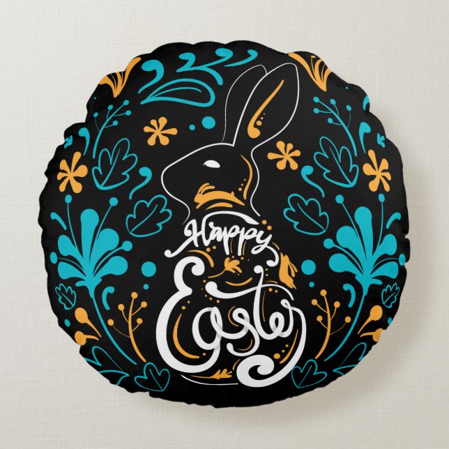 Happy Easter Bunny, Artsy Abstract Floral, Black Round Cushion (Front)