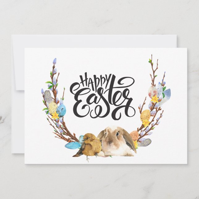 Happy Easter | Bunny Baby Chick with Willow branch Holiday Card (Front)