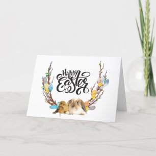 Happy Easter   Bunny Baby Chick with Willow branch Holiday Card