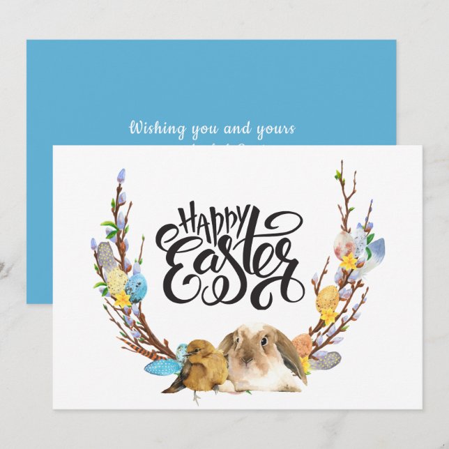 Happy Easter | Bunny Baby Chick with Willow branch Holiday Card (Front/Back)