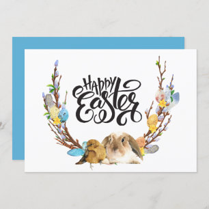Happy Easter   Bunny Baby Chick with Willow branch Holiday Card