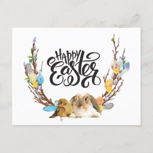 Happy Easter   Bunny Baby Chick with Willow branch Holiday Postcard