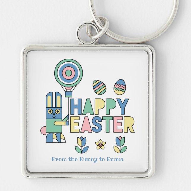 Happy Easter Bunny Balloon – Cute Personalized Key Ring (Front)
