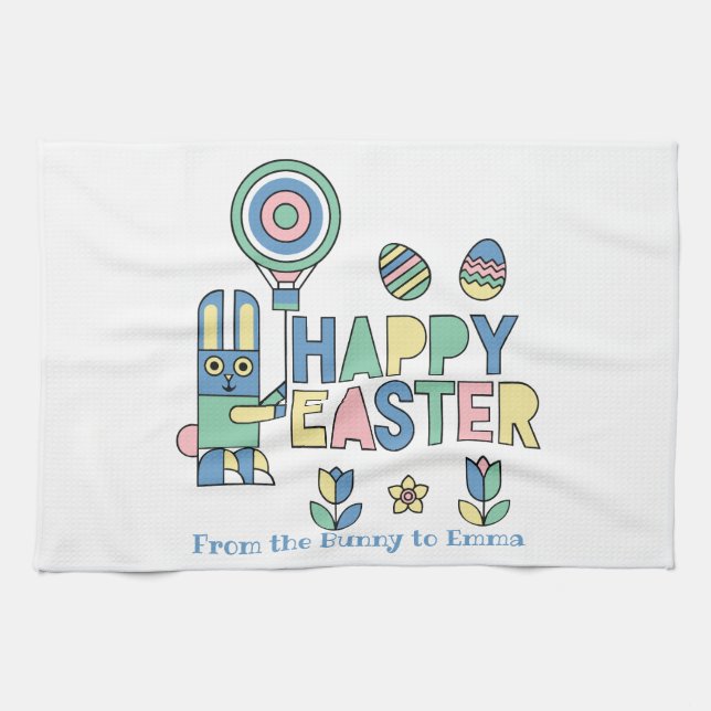 Happy Easter Bunny Balloon – Cute Personalized Tea Towel (Horizontal)