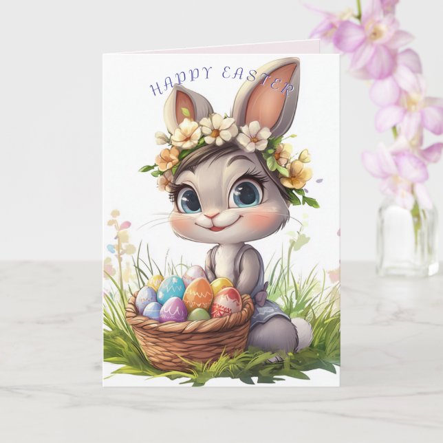 Happy Easter Bunny Basket Eggs  Flowers Card (Orchid)