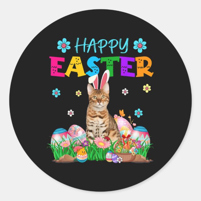 Happy Easter Bunny Bengal Cat Hunting Eggs Colourf Classic Round Sticker (Front)