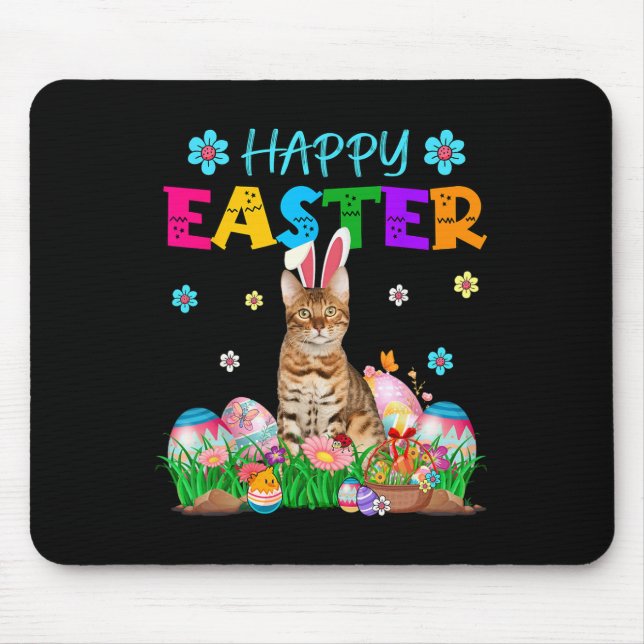 Happy Easter Bunny Bengal Cat Hunting Eggs Colourf Mouse Mat (Front)