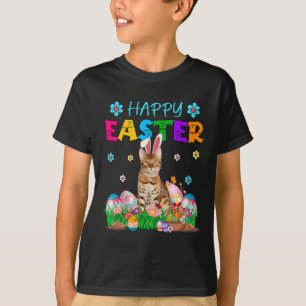 Happy Easter Bunny Bengal Cat Hunting Eggs Colourf T-Shirt