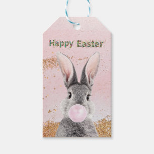 Happy Easter Bunny blowing Pink Bubble gum Gift Tags