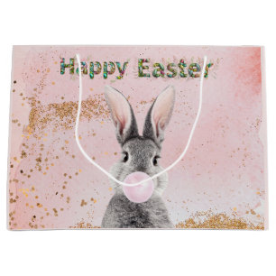 Happy Easter Bunny blowing Pink Bubble gum Large Gift Bag