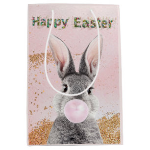 Happy Easter Bunny blowing Pink Bubble gum Medium Gift Bag