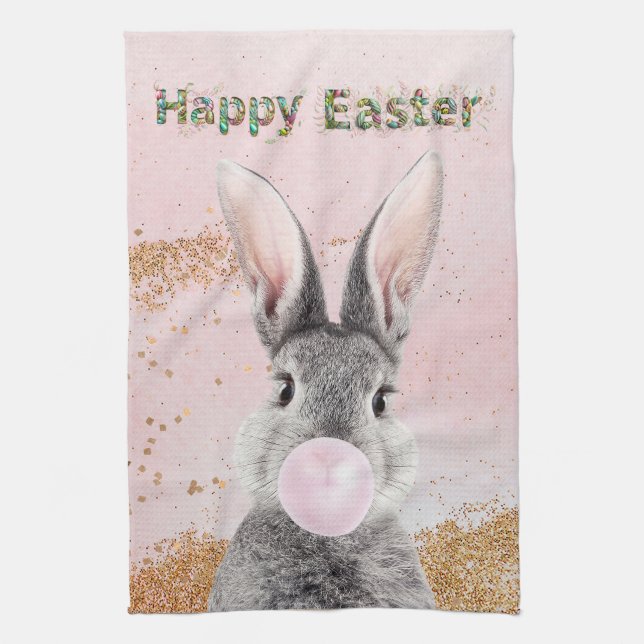 Happy Easter Bunny blowing Pink Bubble gum Tea Towel (Vertical)