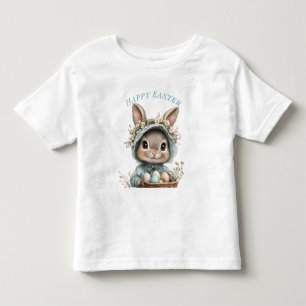 Happy Easter Bunny Blue Hat Basket Eggs Flowers Toddler T-Shirt