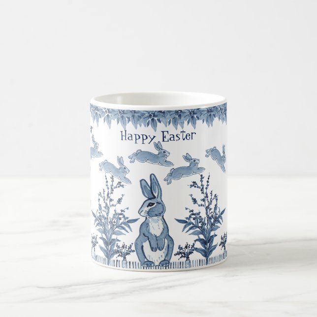 Happy Easter Bunny Blue White Rabbit Pattern Delft Coffee Mug (Center)