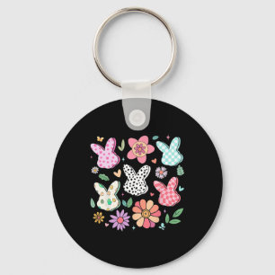 Happy Easter Bunny Boho Floral Plaid Bunny Rabbit Key Ring