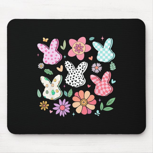 Happy Easter Bunny Boho Floral Plaid Bunny Rabbit  Mouse Mat (Front)