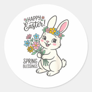 Happy Easter Bunny Bouquet Spring Blessings Floral Classic Round Sticker
