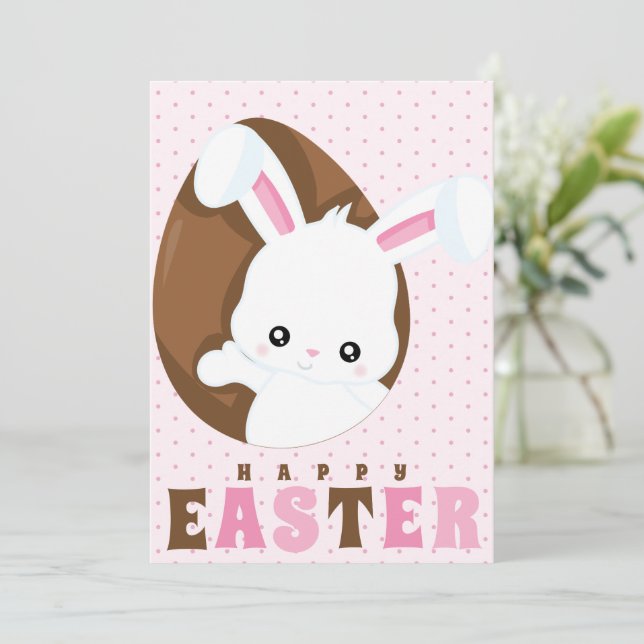 Happy Easter Bunny Brown Egg Polka Dot Pink Holiday Card (Standing Front)