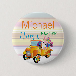 Happy Easter Bunny Car Personalised Name Kids 6 Cm Round Badge