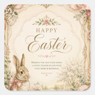 Happy Easter Bunny Card, Vintage Floral Rabbit Square Sticker