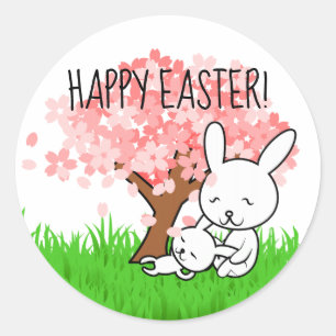 Happy Easter Bunny Cherry Blossom Tree Classic Round Sticker