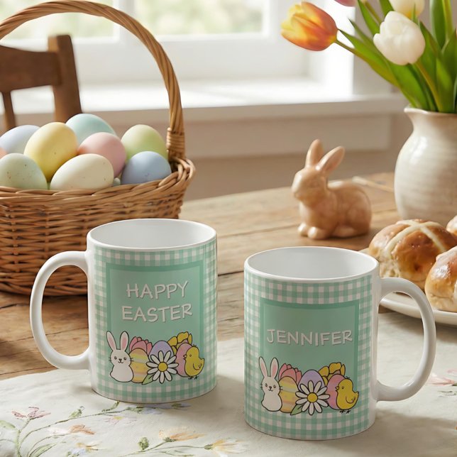 Happy Easter Bunny Chick Eggs Green Gingham Coffee Mug (Creator Uploaded)