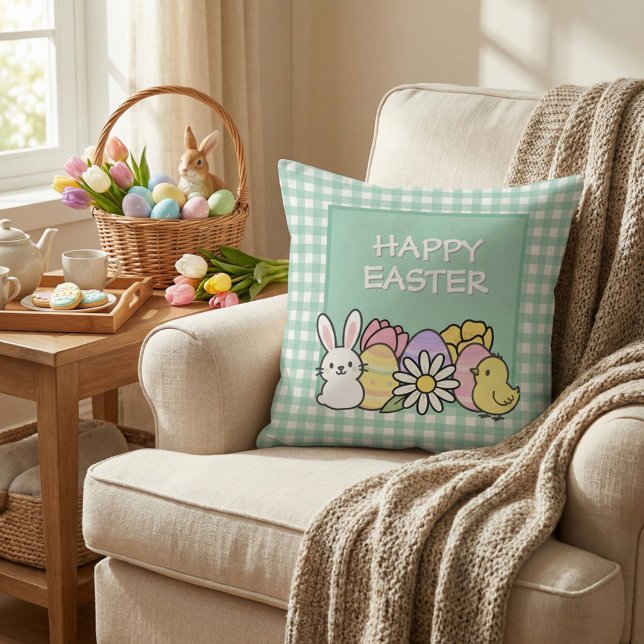 Happy Easter Bunny Chick Eggs Green Gingham Cushion (Creator Uploaded)