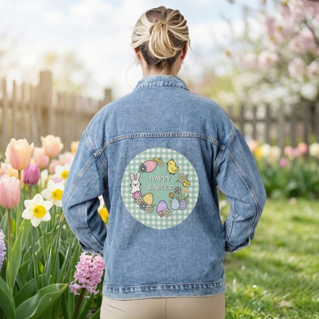 Happy Easter Bunny Chick Eggs Green Gingham Denim Jacket (Creator Uploaded)