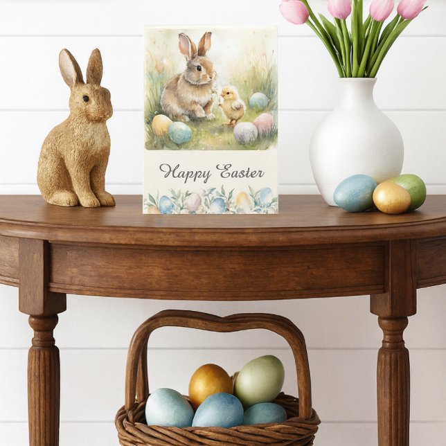 Happy Easter Bunny & Chick Folded Holiday Card (Easter card with bunny and chick, pastel eggs, tulips, and spring art in foyer mockup.)