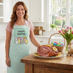 Happy Easter Bunny Chick Green Gingham Apron