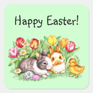 Happy Easter Bunny Chick Tulip Stickers / Seals