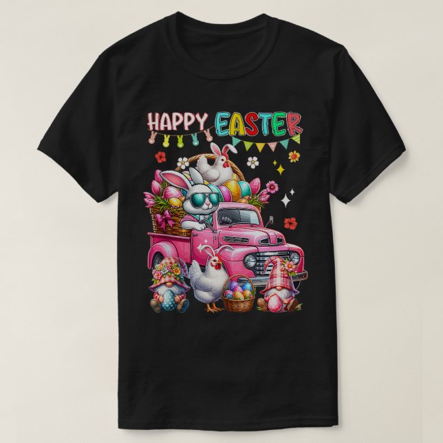 Happy Easter Bunny Chicken On Truck Gnomes Hunting T-Shirt (Design Front)