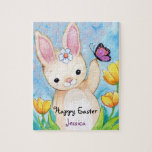 Happy Easter Bunny Child's Name Jigsaw Puzzle<br><div class="desc">Bright and colorful spring bunny and tulips puzzle. This is a great way to send some love to your grand kids.  All text is customizable. Just use the template to add your own information to the text options.
Artwork by Valarie Wade.</div>