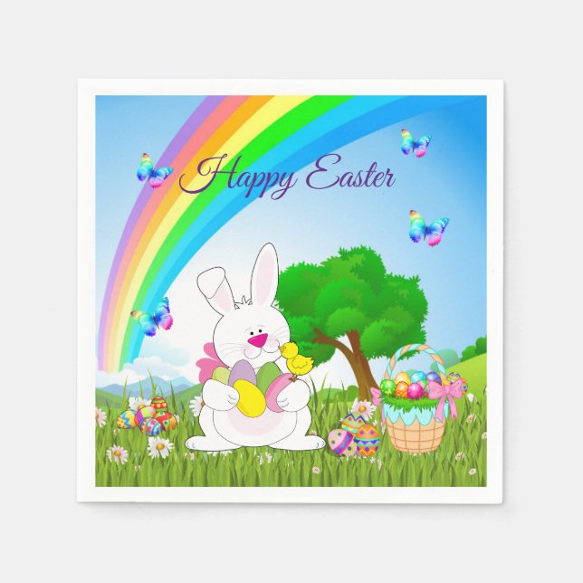 Happy Easter Bunny Coloured Eggs Cute Napkin (Front)