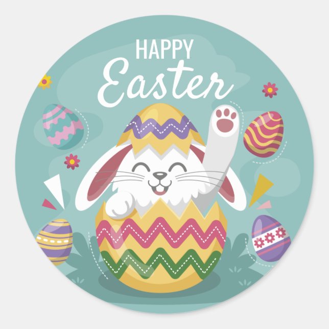 Happy Easter Bunny & Colourful Eggs Classic Round Sticker (Front)