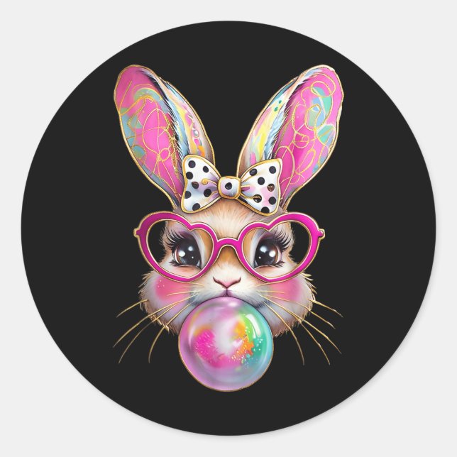 Happy Easter Bunny Coquette Bow Brushstroke Easter Classic Round Sticker (Front)