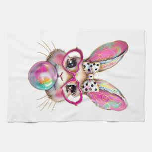 Happy Easter Bunny Coquette Bow Brushstroke Easter Tea Towel