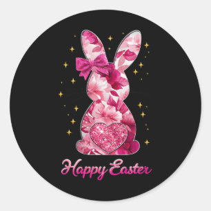 Happy Easter Bunny Coquette Bow Pink Floral Chinoi Classic Round Sticker
