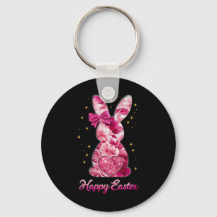 Happy Easter Bunny Coquette Bow Pink Floral Chinoi Key Ring