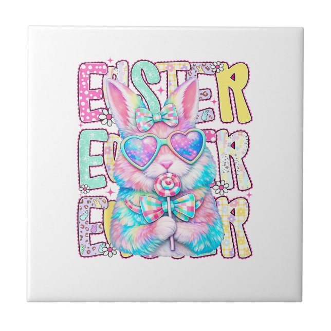Happy Easter Bunny Coquette Bow Preppy Easter Day  Tile (Front)