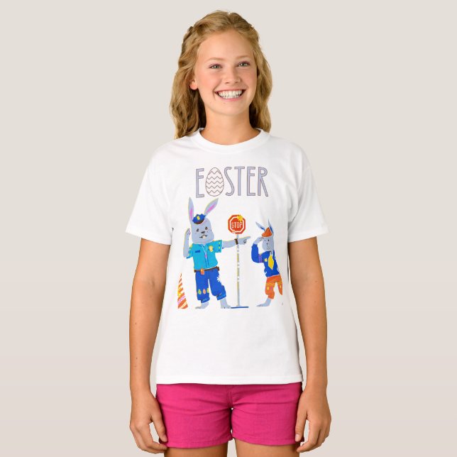 "Happy Easter" Bunny Crossing Stop Sign  Fun  T-Shirt (Front Full)