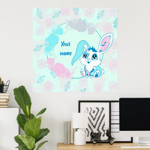 Happy Easter Bunny  Cute Blue Kawaii Poster