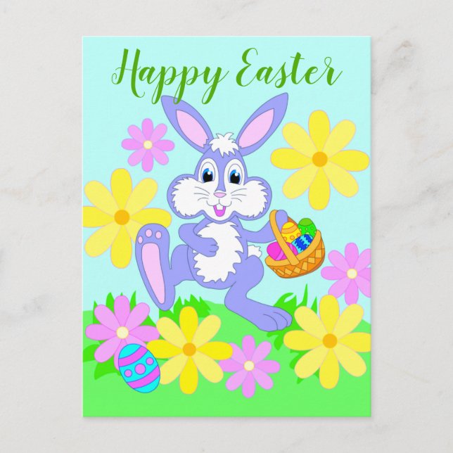 Happy Easter Bunny Cute Cartoon Rabbit Flowers Postcard (Front)