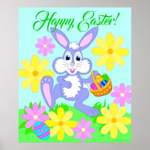 Happy Easter Bunny Cute Cartoon Rabbit Flowers Poster