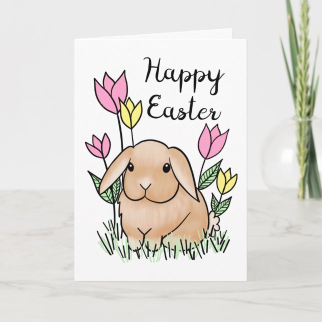 Happy Easter Bunny Cute Spring Flowers Card (Front)