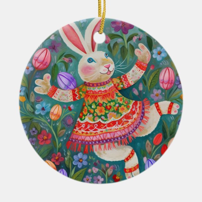 Happy Easter Bunny Dance Ceramic Tree Decoration (Front)